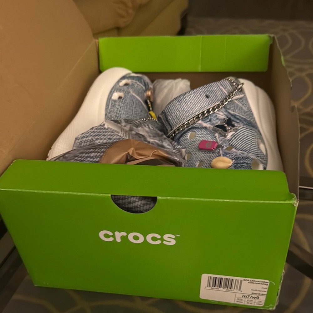 Original SZA CROCS Blue Denim Sneakers with Chain Accent